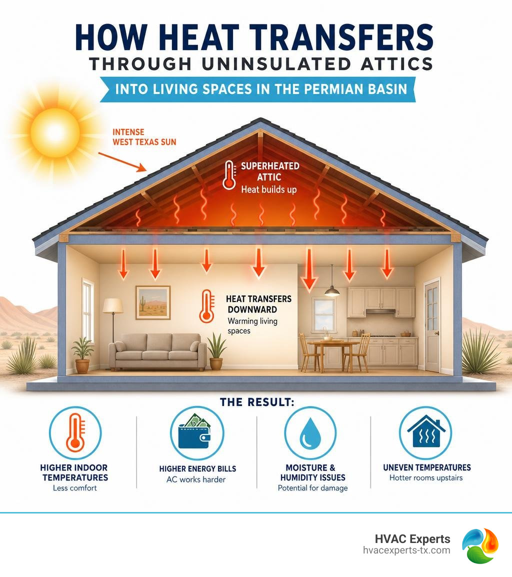Infographic showing how heat transfers through uninsulated attics into living spaces in the Permian Basin infographic