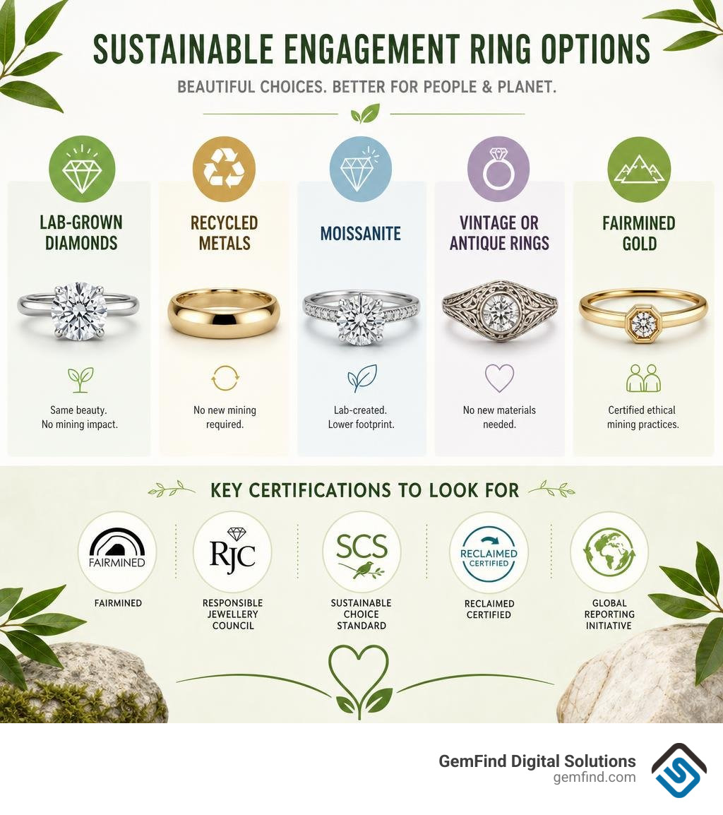 Infographic showing sustainable engagement ring options including lab-grown diamonds, recycled metals, moissanite, vintage Infographic showing sustainable engagement ring options including lab-grown diamonds, recycled metals, moissanite, vintage