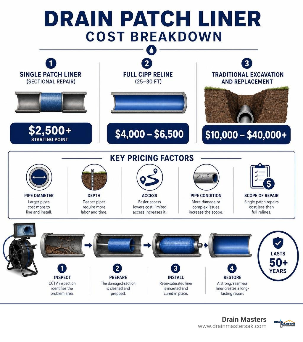 Drain patch liner cost breakdown infographic showing repair types, cost ranges, and key pricing factors infographic Drain patch liner cost breakdown infographic showing repair types, cost ranges, and key pricing factors infographic