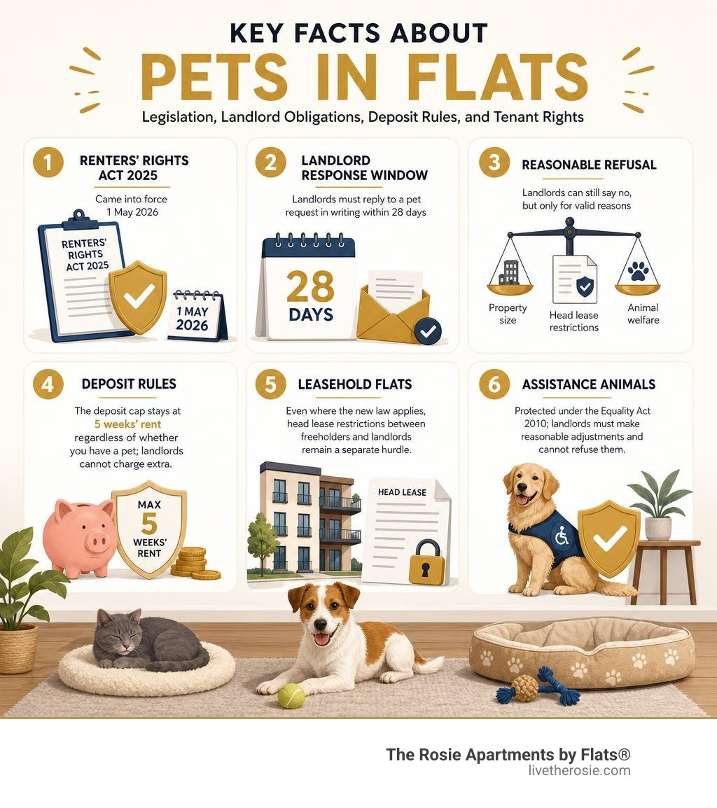 Key facts about pets in flats: legislation, landlord obligations, deposit rules, and tenant rights infographic Key facts about pets in flats: legislation, landlord obligations, deposit rules, and tenant rights infographic