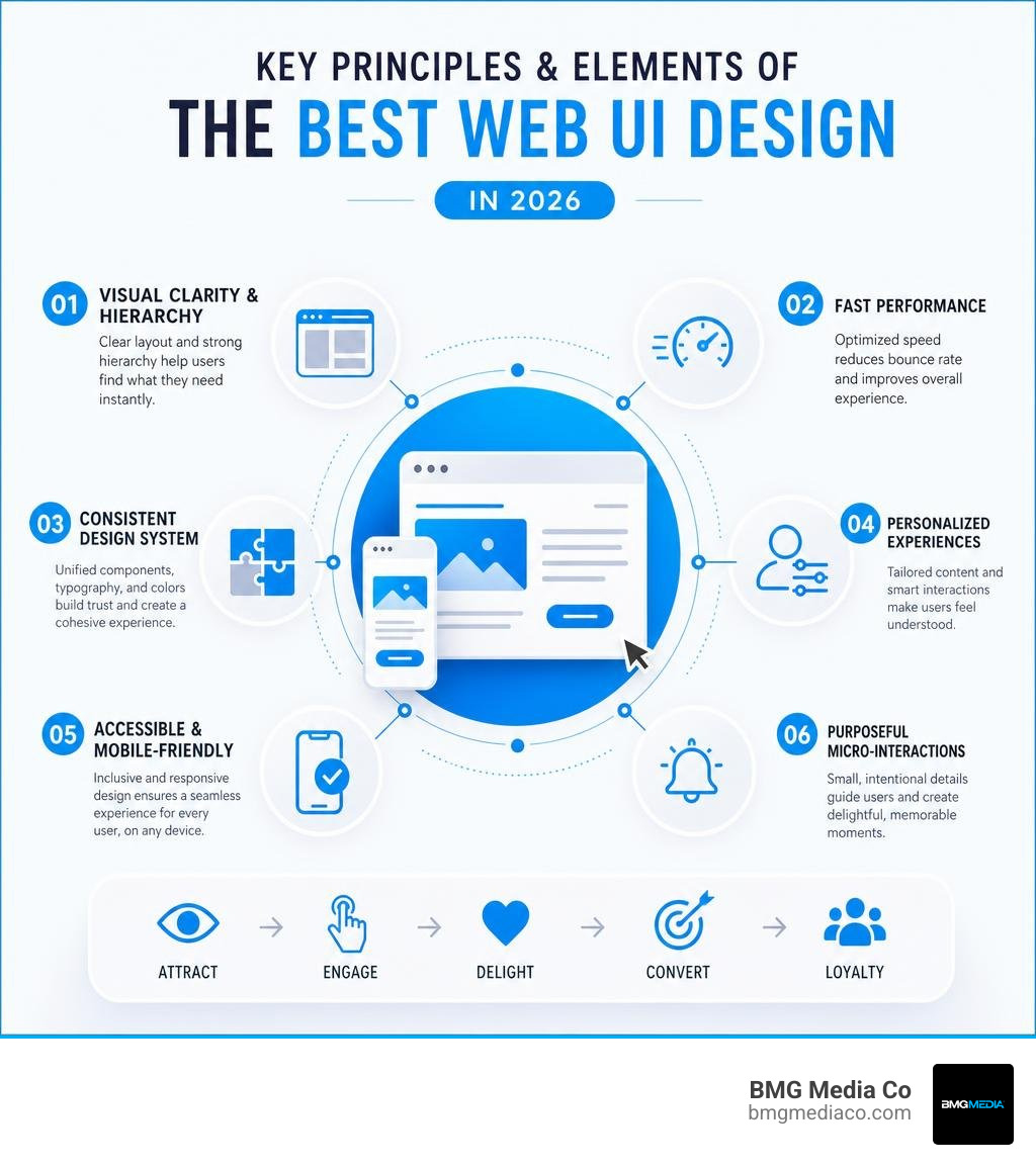 Key principles and elements of the best web UI design in 2026 infographic Key principles and elements of the best web UI design in 2026 infographic