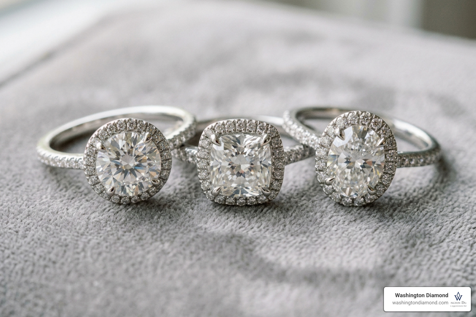 Different diamond shapes including oval, cushion, and round in halo settings