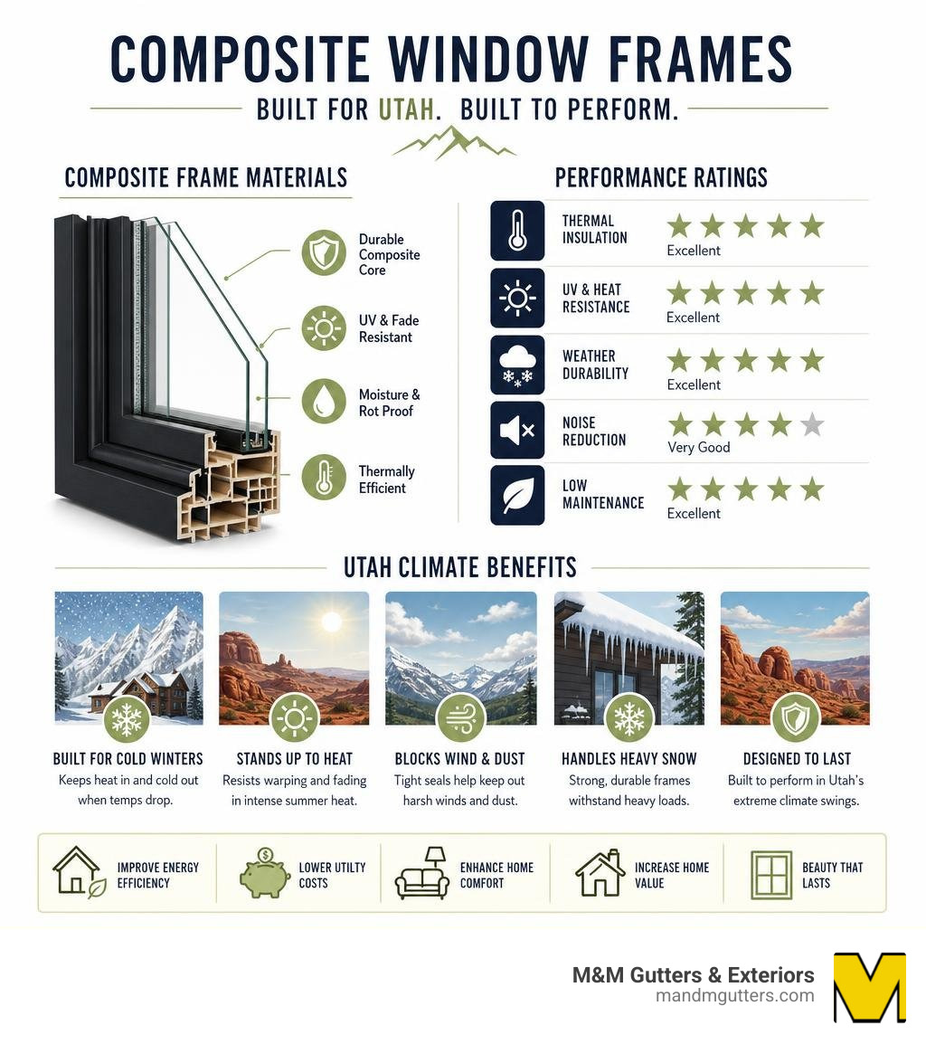 Composite window frame materials, performance ratings, and Utah climate benefits infographic infographic
