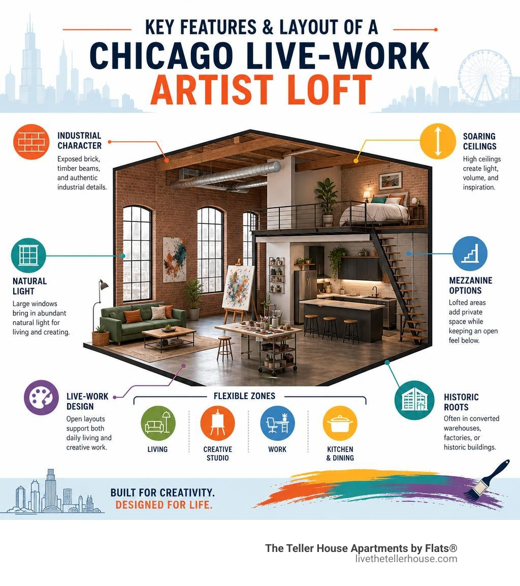 Key features and layout of a Chicago live-work artist loft infographic infographic Key features and layout of a Chicago live-work artist loft infographic infographic