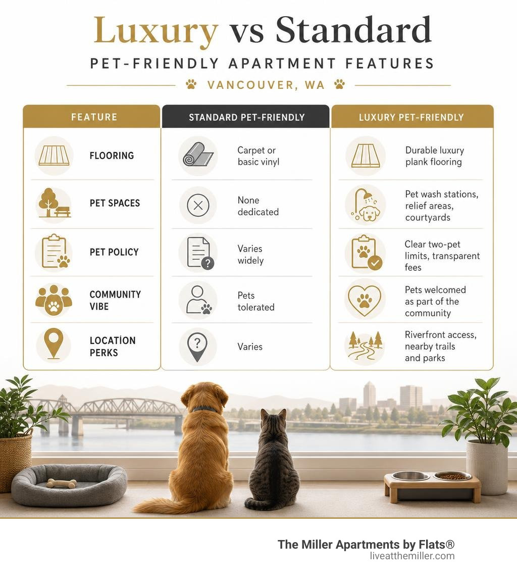 Infographic comparing luxury vs standard pet-friendly apartment features in Vancouver WA infographic Infographic comparing luxury vs standard pet-friendly apartment features in Vancouver WA infographic