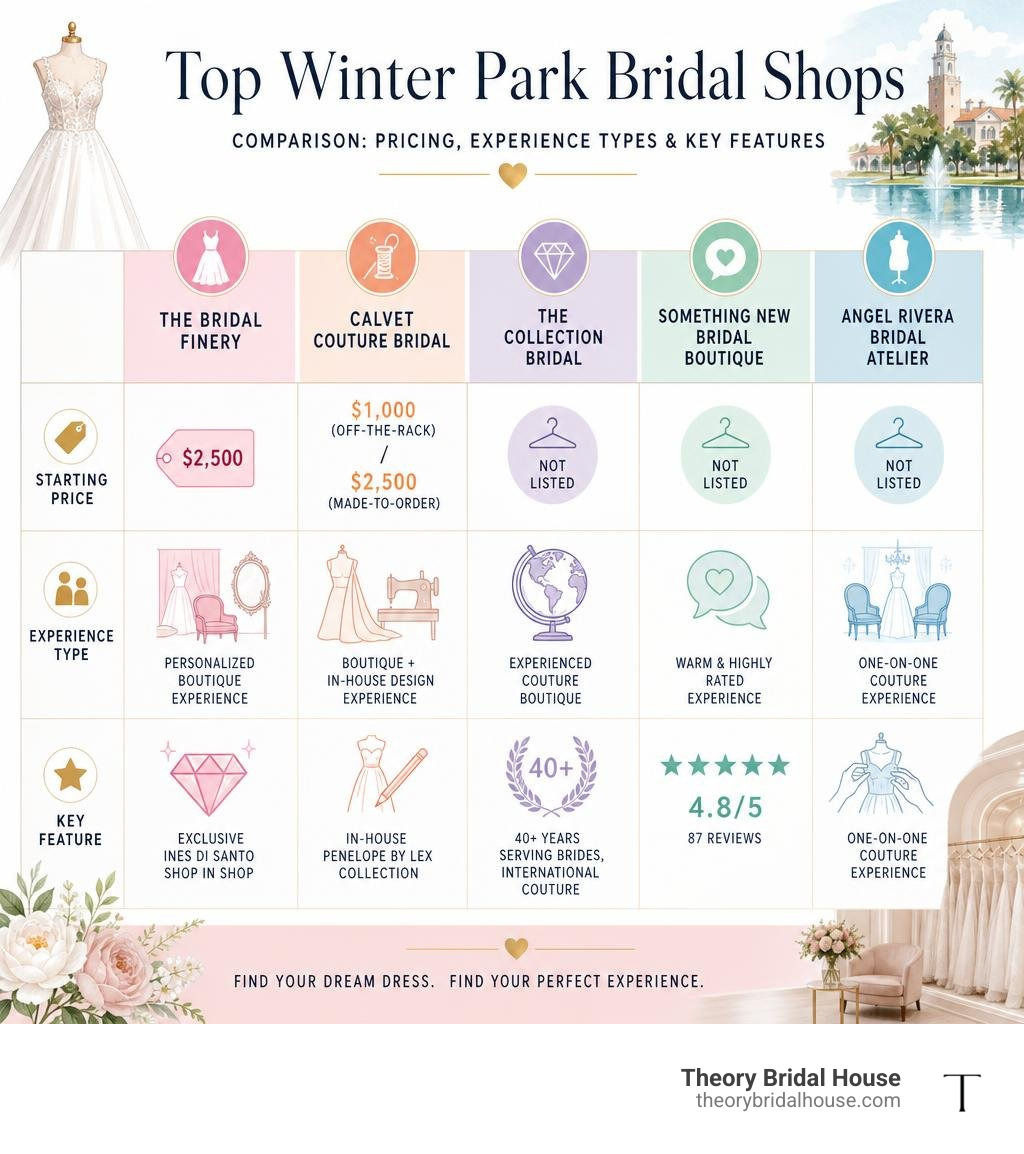 Top Winter Park bridal shops comparison: pricing, experience types, and key features infographic Top Winter Park bridal shops comparison: pricing, experience types, and key features infographic