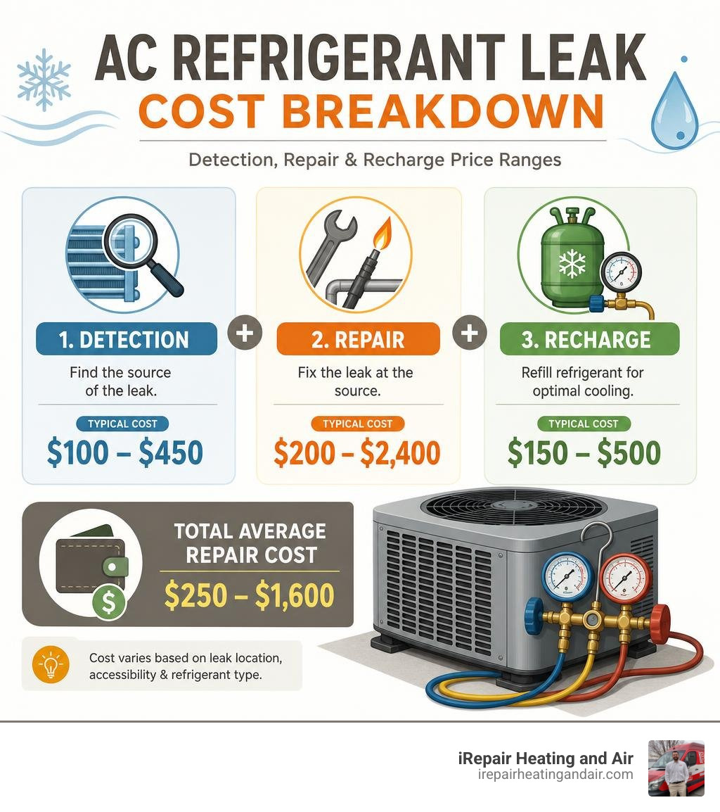 AC refrigerant leak cost breakdown infographic with detection, repair, and recharge price ranges infographic