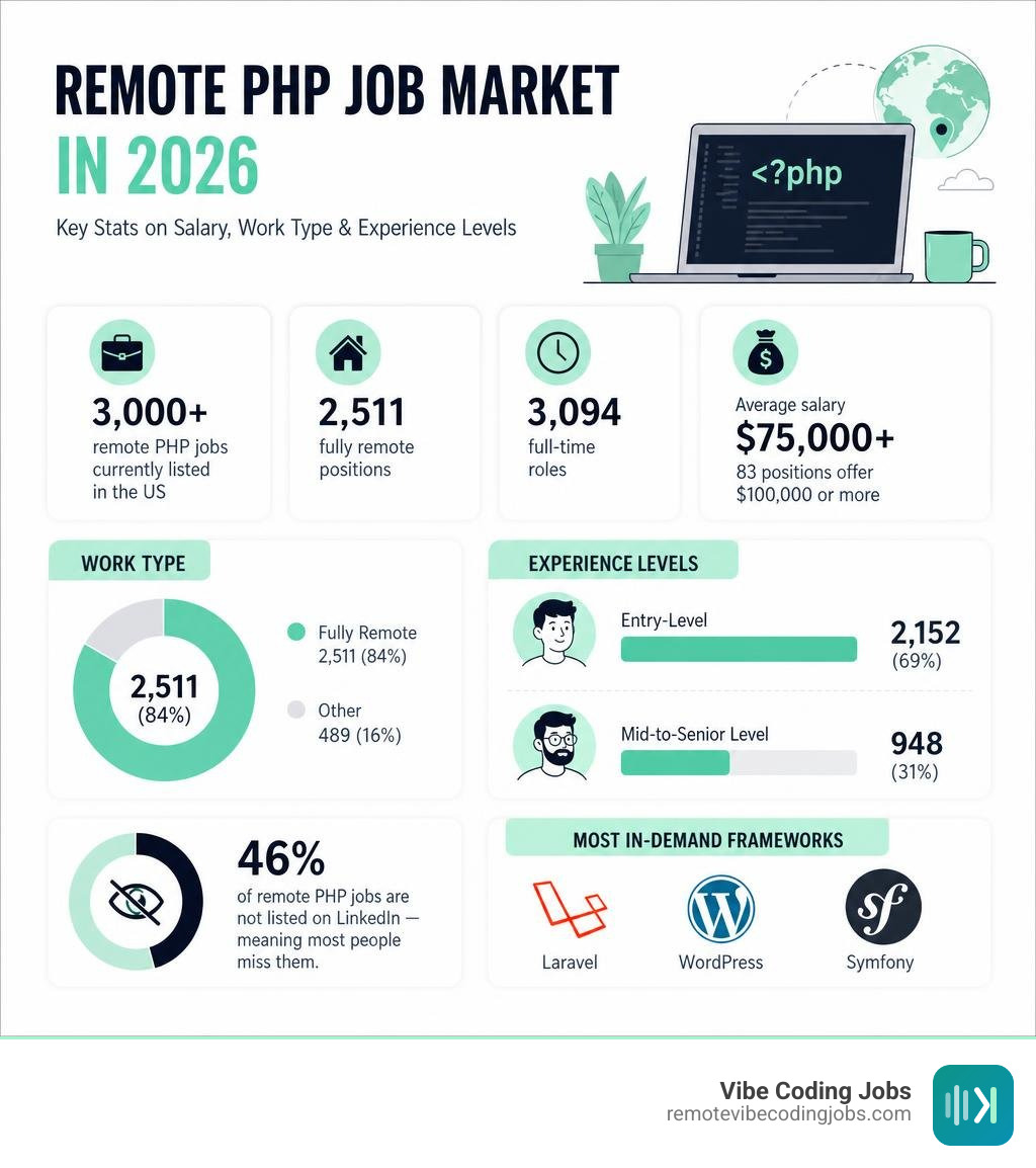 Remote PHP job market in 2026 - stats on salary, work type, and experience levels infographic
