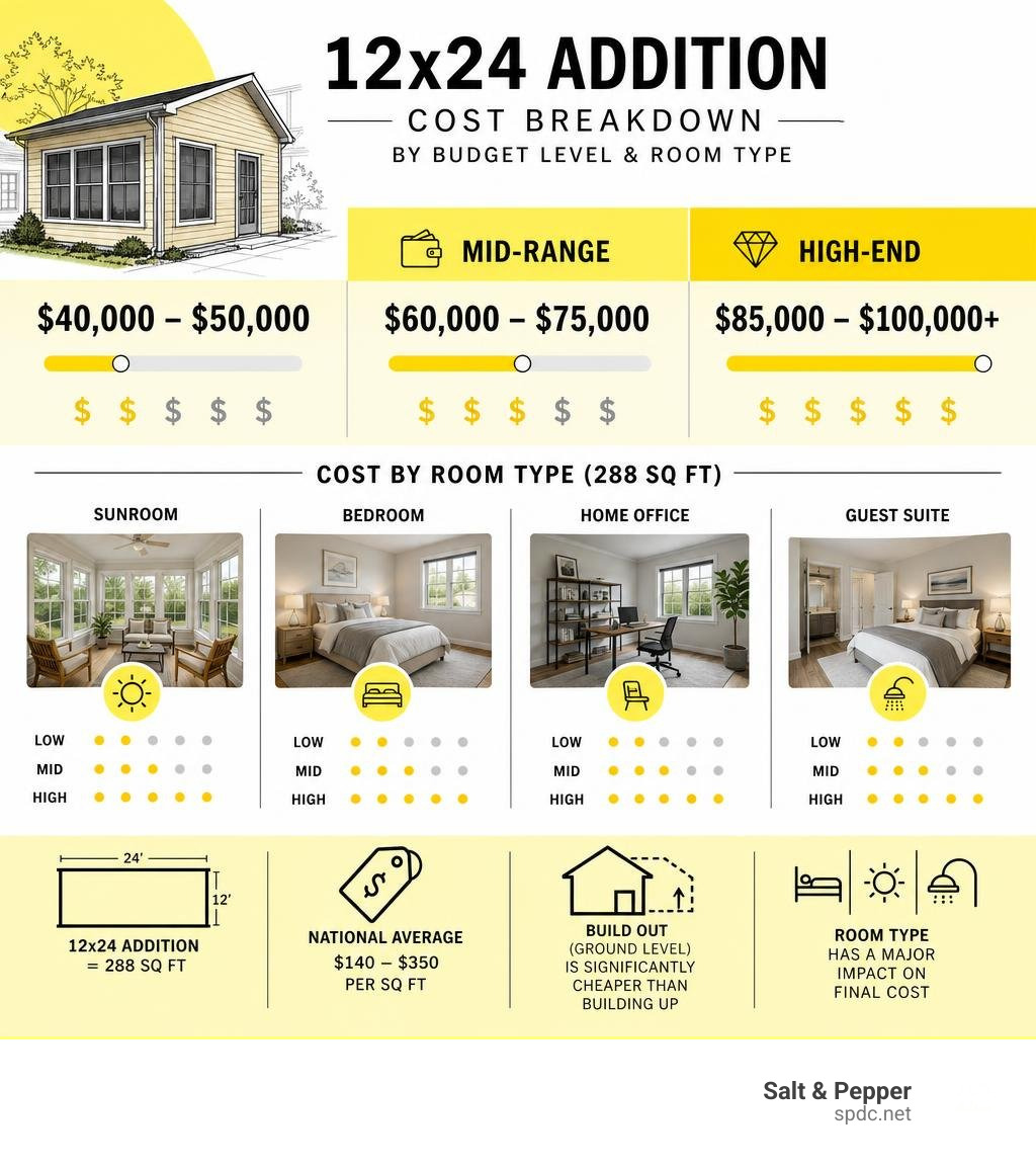 Infographic showing 12x24 addition cost breakdown by budget level and room type infographic Infographic showing 12x24 addition cost breakdown by budget level and room type infographic