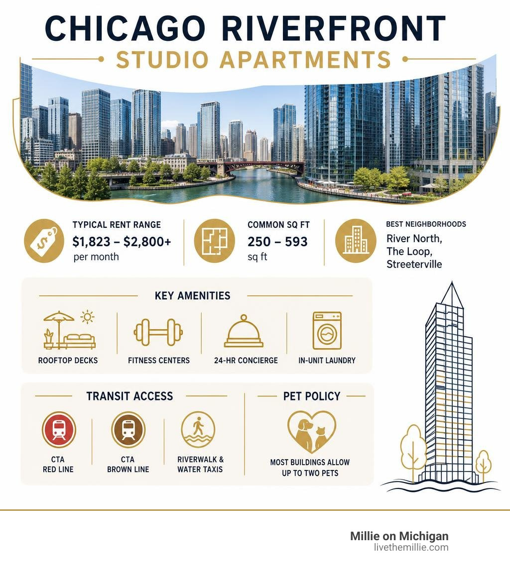 Chicago riverfront studio apartments rent range, sq footage, amenities, neighborhoods, and transit options infographic Chicago riverfront studio apartments rent range, sq footage, amenities, neighborhoods, and transit options infographic