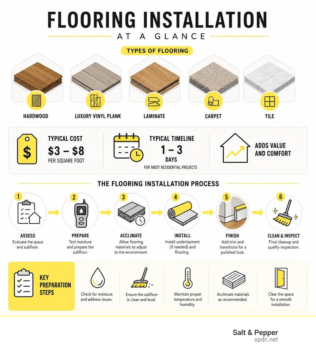 Infographic showing flooring installation overview: types, costs, timeline, and key preparation steps infographic Infographic showing flooring installation overview: types, costs, timeline, and key preparation steps infographic