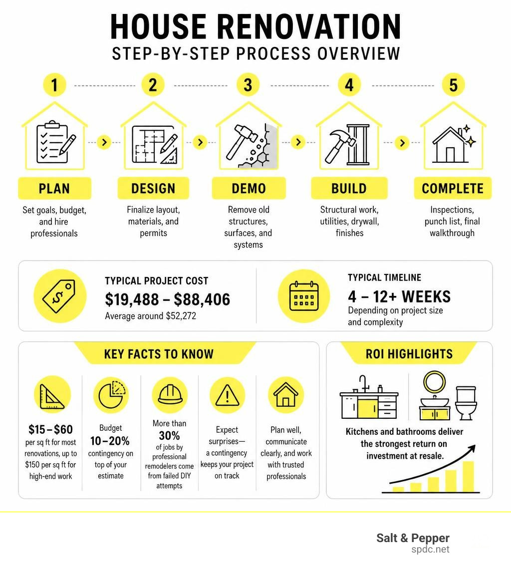 Step-by-step house renovation process overview with costs, timeline, and ROI highlights infographic