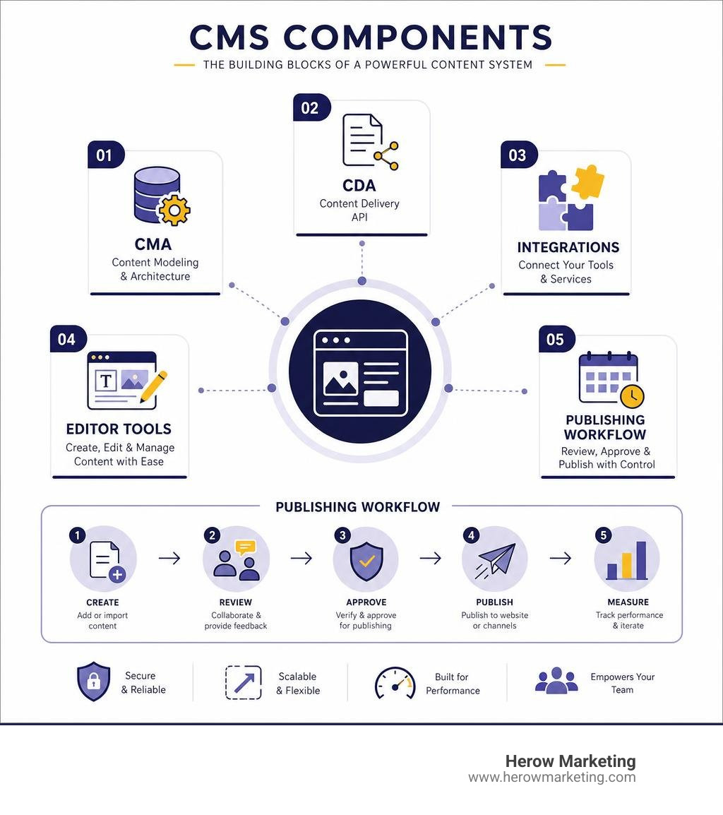 CMS components infographic: CMA, CDA, integrations, editor tools, and publishing workflow infographic CMS components infographic: CMA, CDA, integrations, editor tools, and publishing workflow infographic