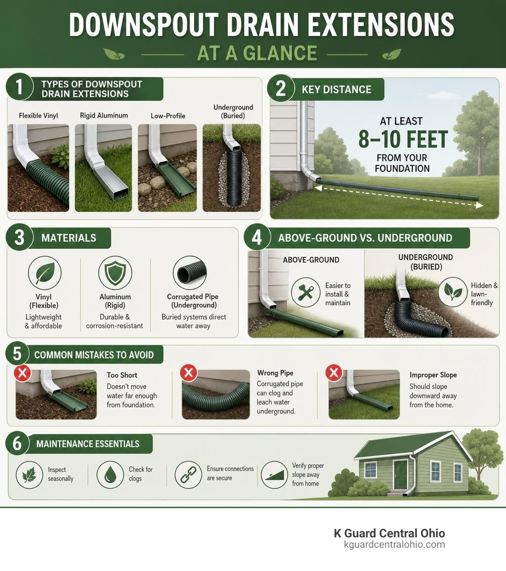 Types of downspout drain extensions, key distances, materials, and common mistakes at a glance infographic Types of downspout drain extensions, key distances, materials, and common mistakes at a glance infographic