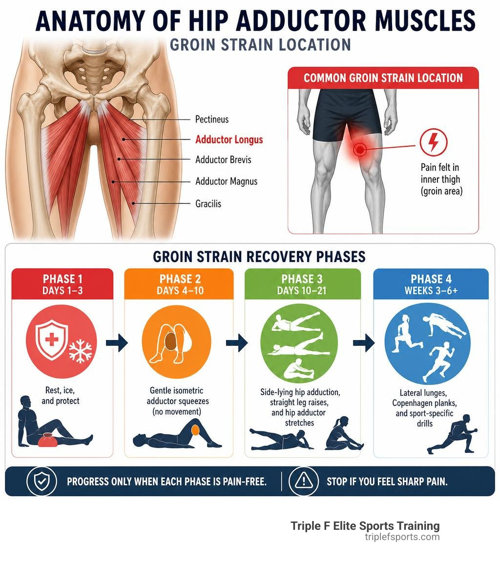 Anatomy of hip adductor muscles showing groin strain location and recovery phases infographic Anatomy of hip adductor muscles showing groin strain location and recovery phases infographic