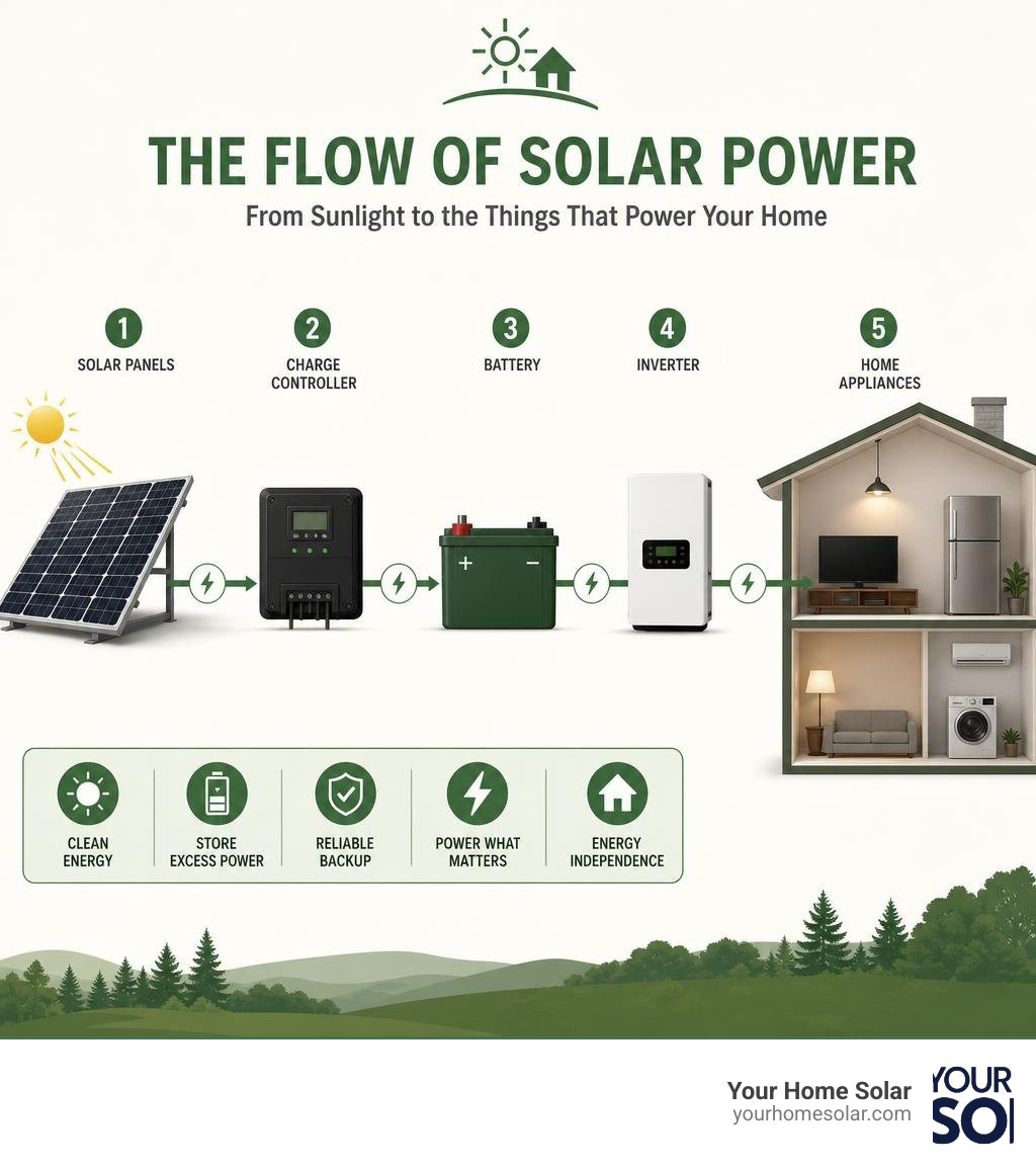 Flow of solar power from panels through charge controller, battery, inverter, to home appliances infographic Flow of solar power from panels through charge controller, battery, inverter, to home appliances infographic