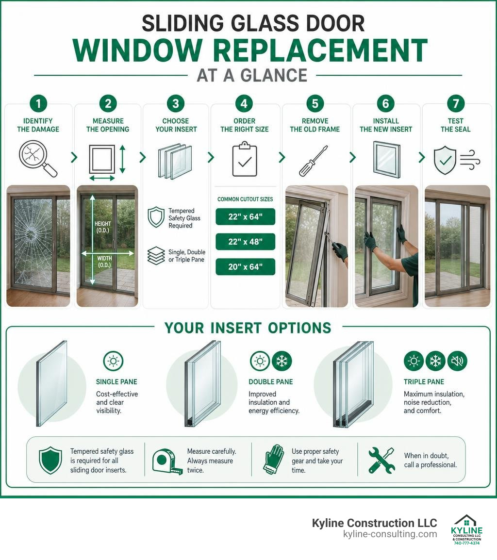 Steps and options for sliding glass door window replacement at a glance infographic Steps and options for sliding glass door window replacement at a glance infographic