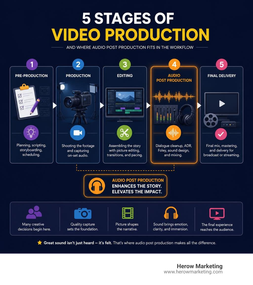 5 stages of video production and where audio post production fits in the workflow infographic