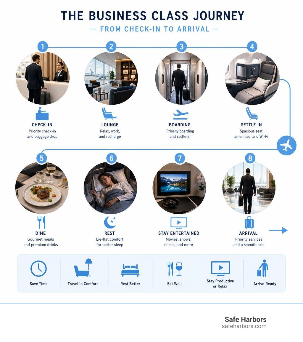 Timeline of a long-haul business class flight experience from check-in to arrival infographic Timeline of a long-haul business class flight experience from check-in to arrival infographic