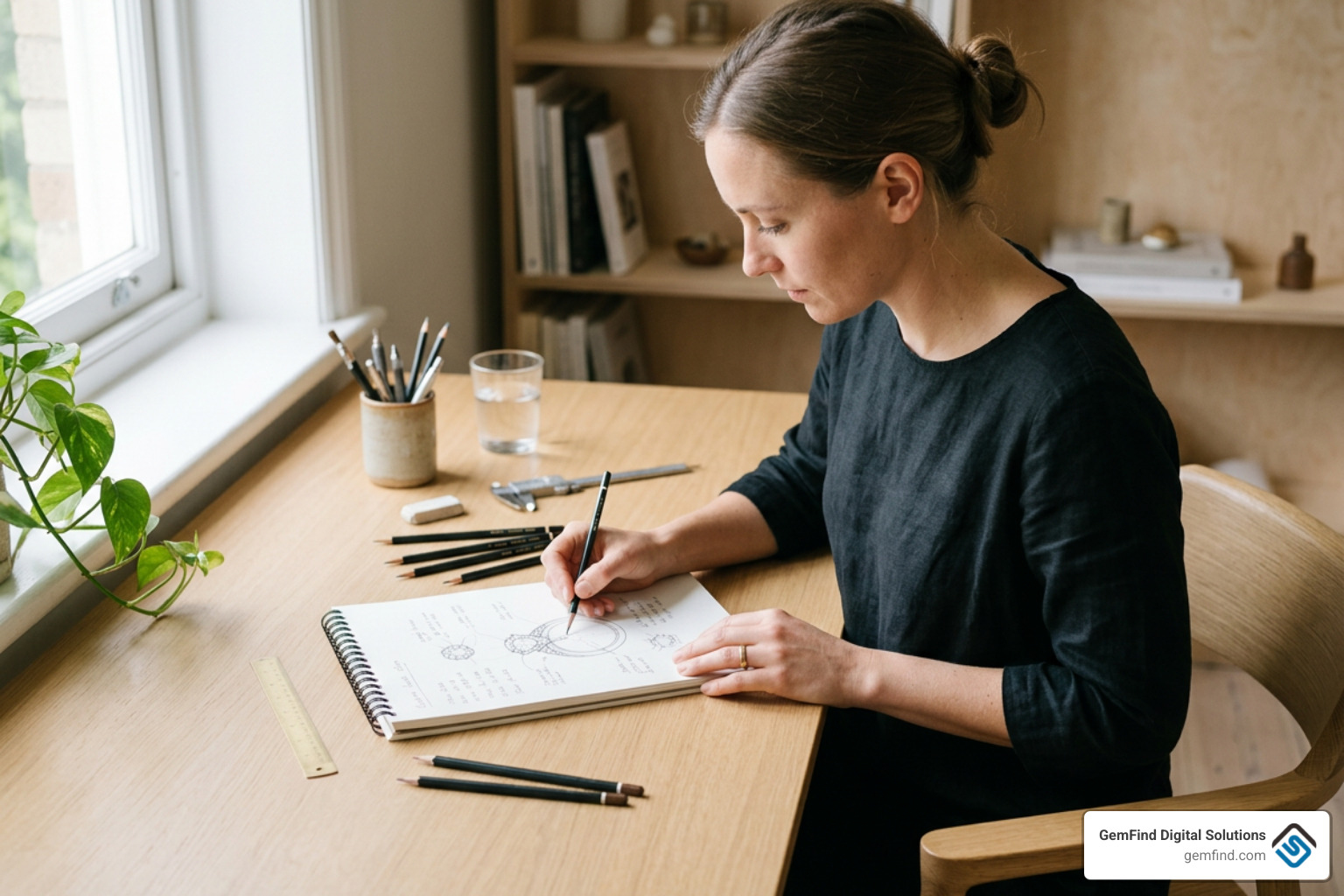 Designer sketching a custom jewelry piece on a clean workspace