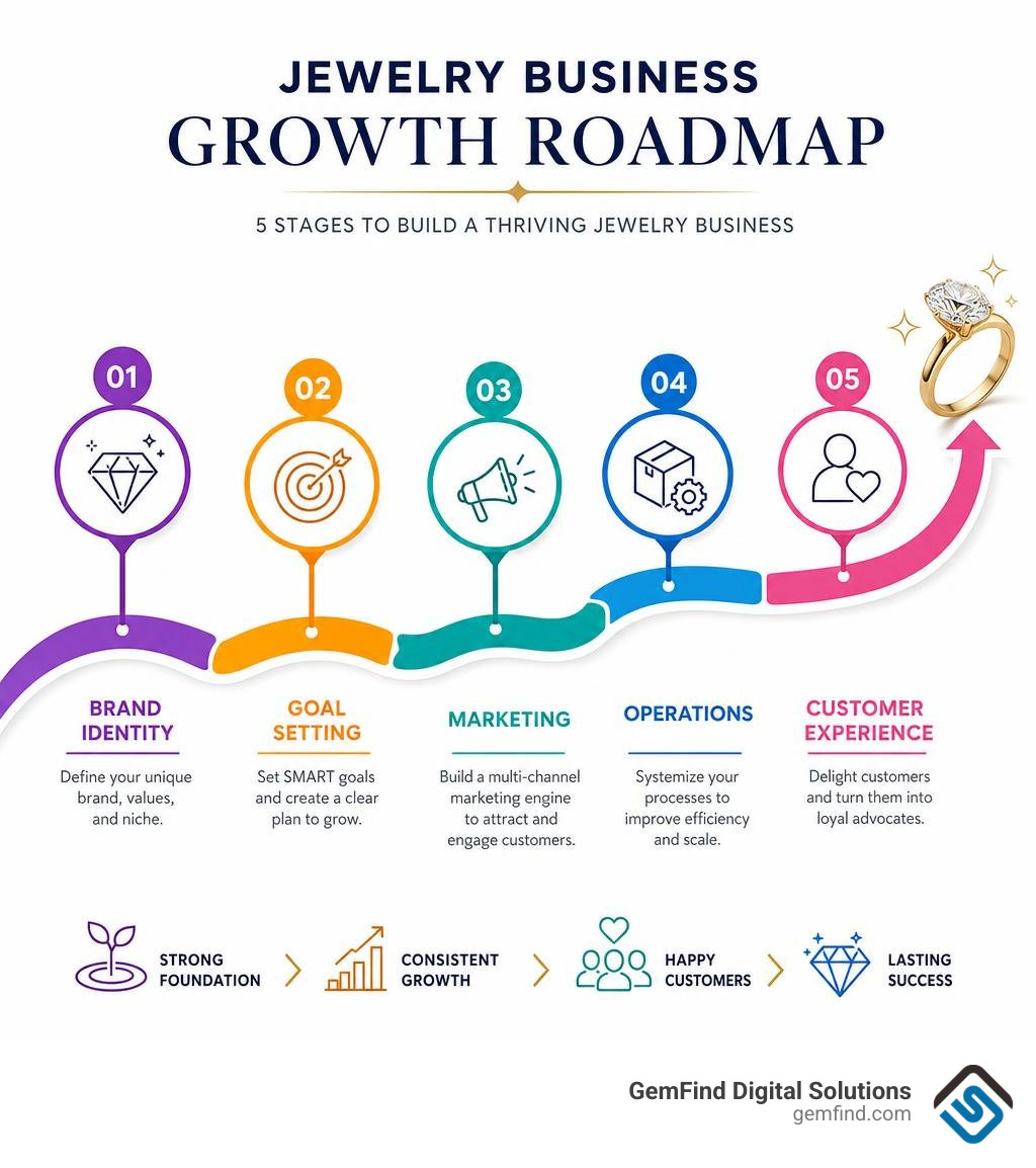 Jewelry business growth roadmap infographic showing 5 stages: brand identity, goal setting, marketing, operations, and