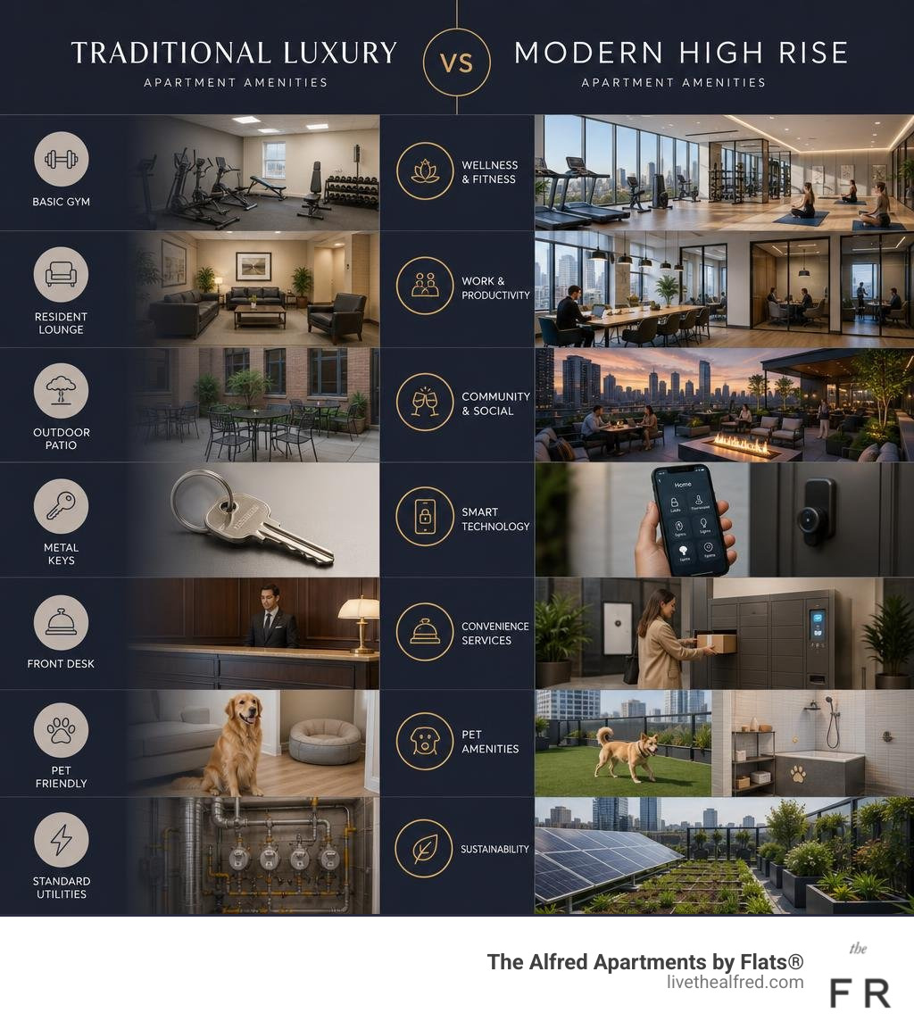 Comparison infographic: traditional luxury apartment amenities vs modern high rise amenities infographic Comparison infographic: traditional luxury apartment amenities vs modern high rise amenities infographic