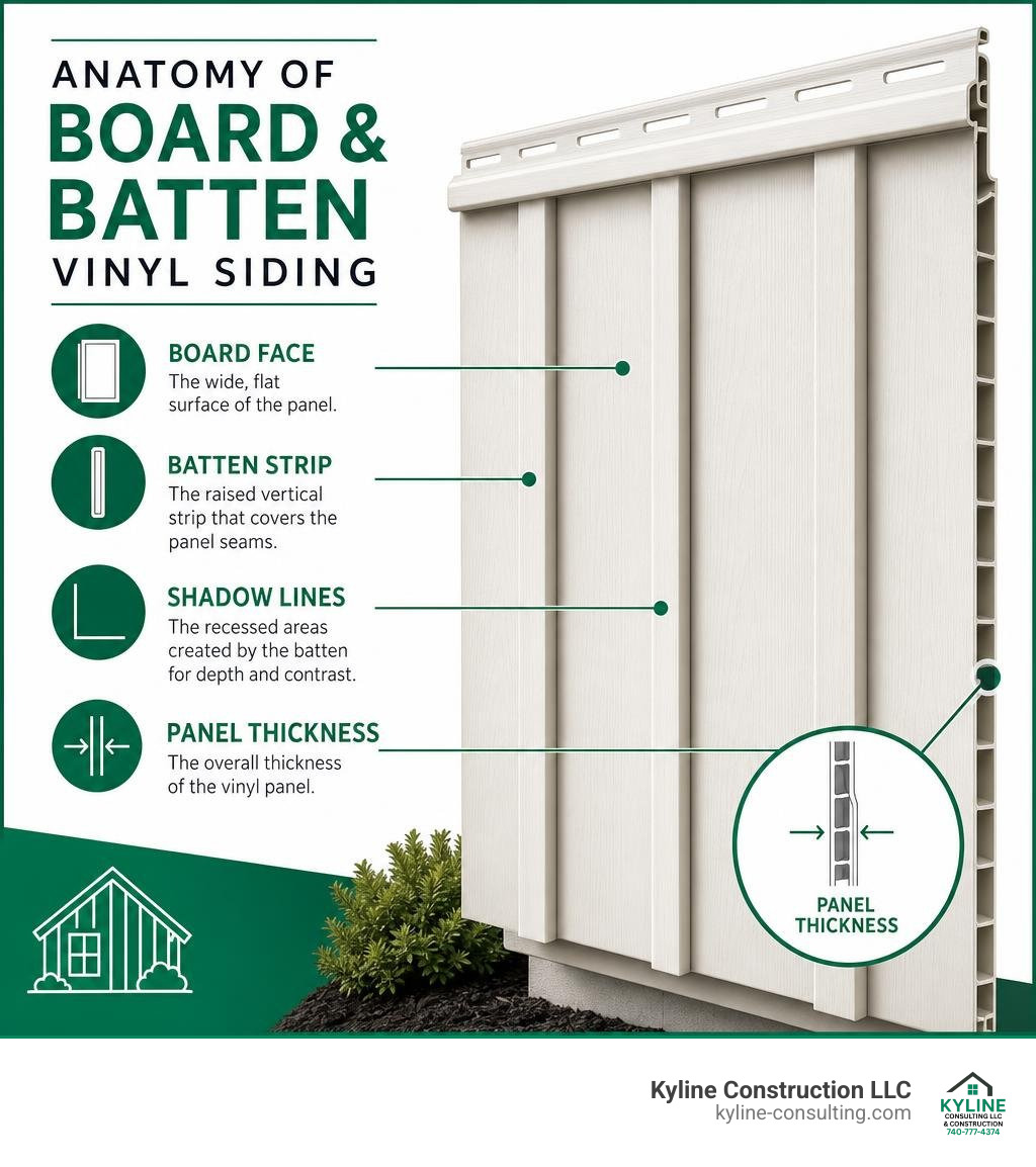 Anatomy of board and batten vinyl siding: board face, batten strip, shadow lines, and panel thickness labeled infographic