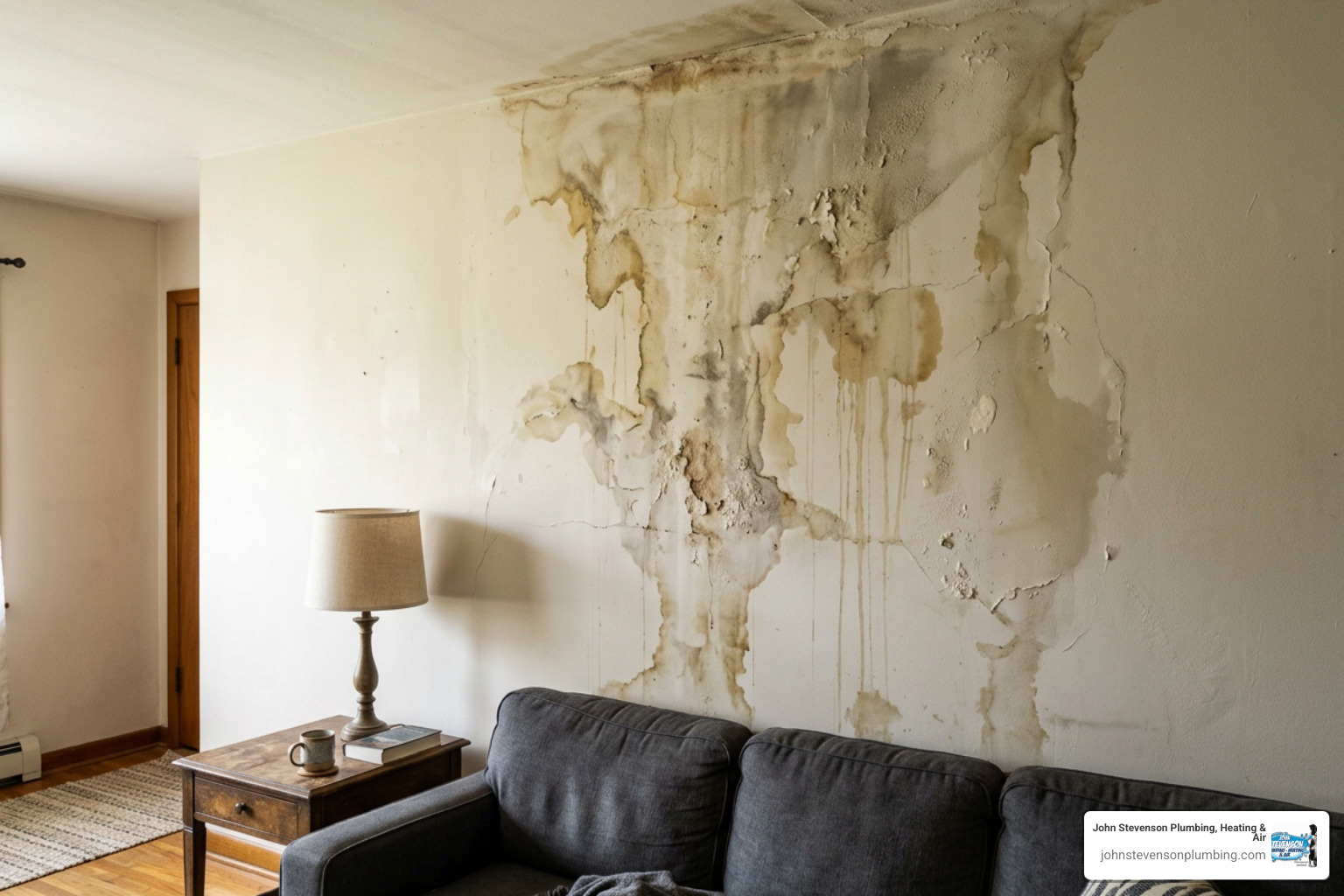 water-stained drywall in a living room showing water damage water-stained drywall in a living room showing water damage