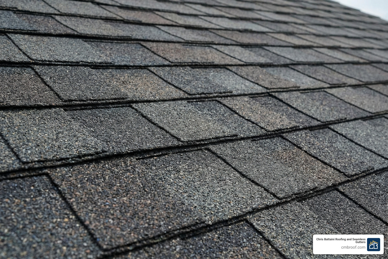 Close-up of dimensional architectural shingle color blends showing deep shadow lines