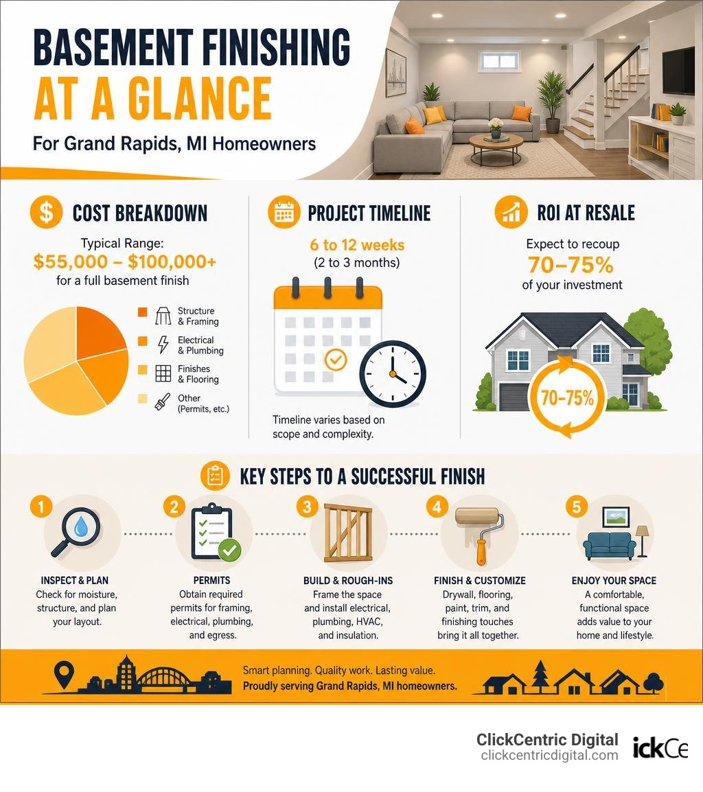 Basement finishing cost breakdown, timeline, ROI, and key steps for Grand Rapids MI homeowners infographic Basement finishing cost breakdown, timeline, ROI, and key steps for Grand Rapids MI homeowners infographic