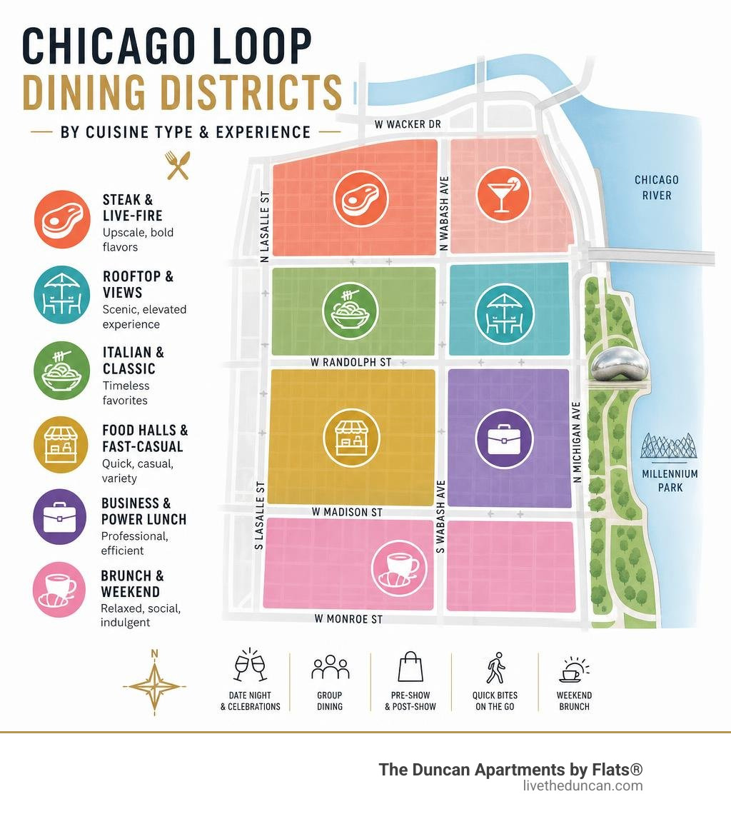 Map of Chicago Loop dining districts by cuisine type and experience infographic Map of Chicago Loop dining districts by cuisine type and experience infographic