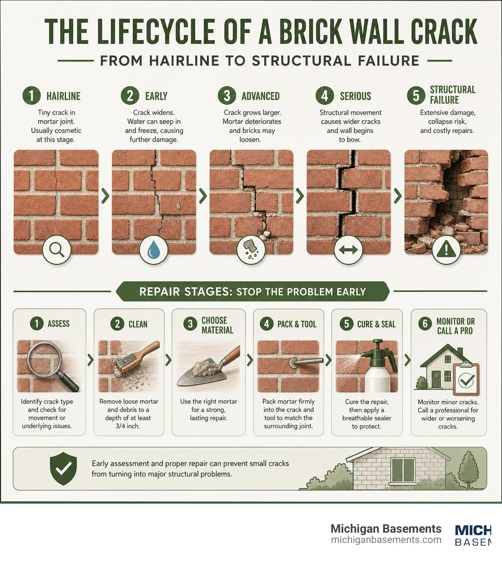 Lifecycle of a brick wall crack from hairline to structural failure with repair stages infographic Lifecycle of a brick wall crack from hairline to structural failure with repair stages infographic