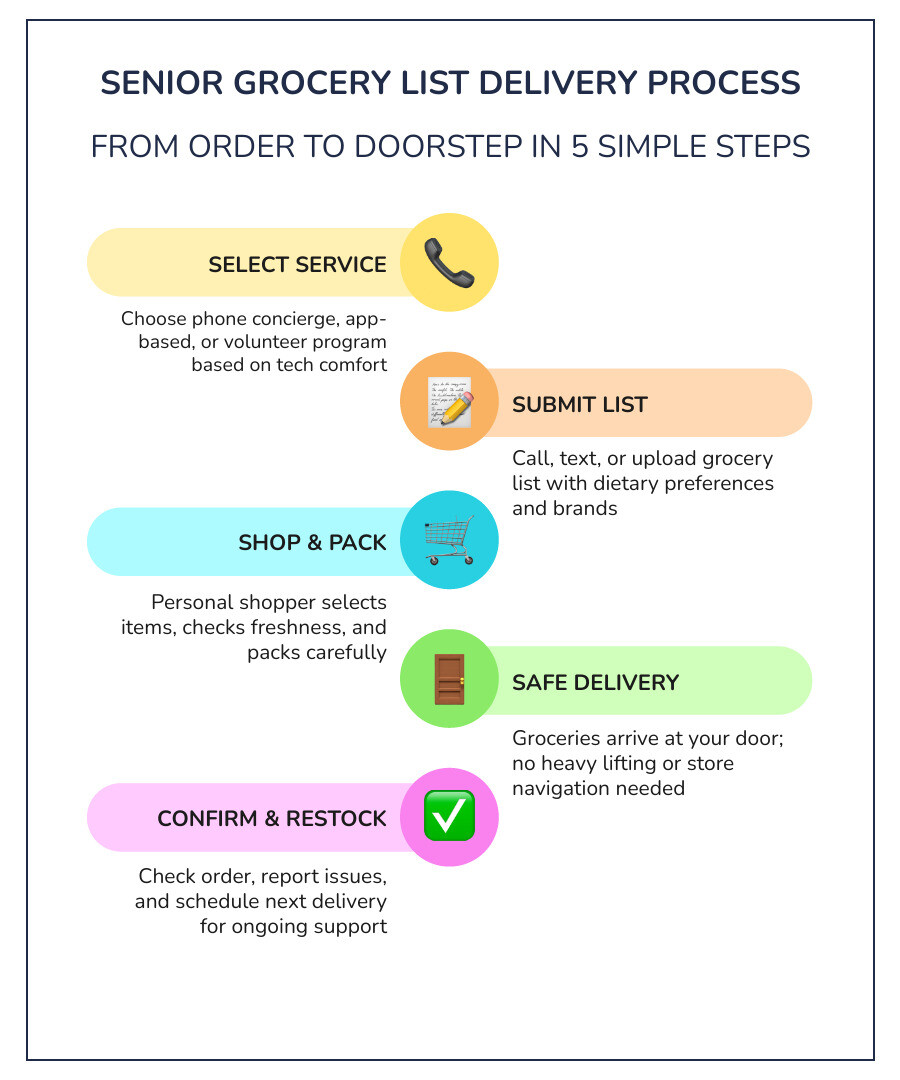 How senior grocery list delivery works: steps from order to doorstep delivery infographic How senior grocery list delivery works: steps from order to doorstep delivery infographic