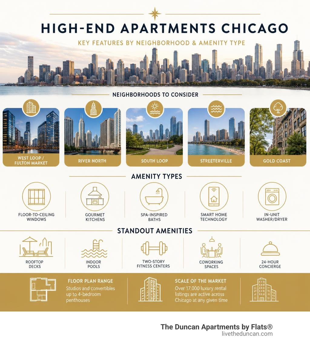 Infographic showing key features of high-end Chicago apartments by neighborhood and amenity type infographic Infographic showing key features of high-end Chicago apartments by neighborhood and amenity type infographic