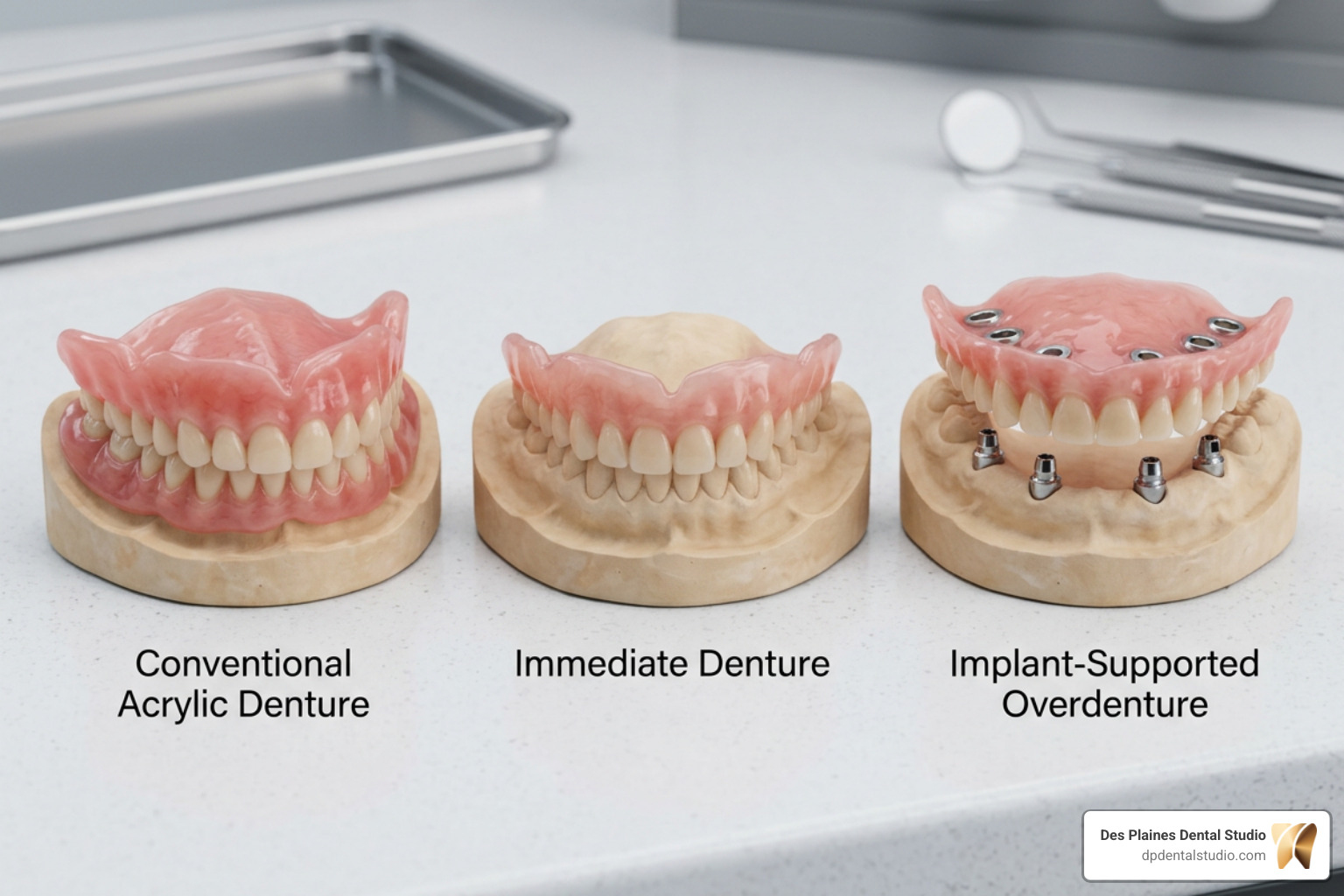 different types of upper dentures showing conventional, immediate, and implant-supported variations