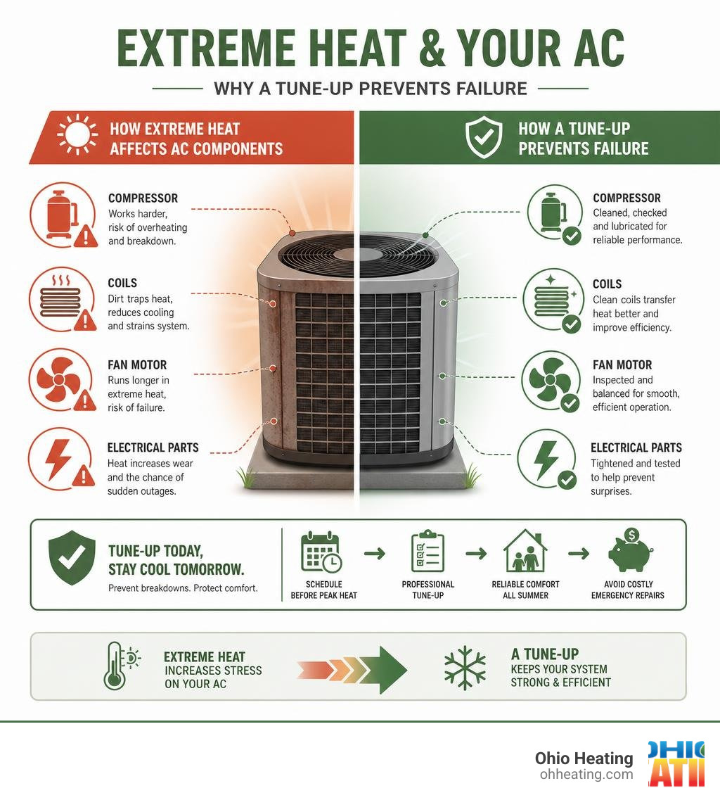 Infographic showing how extreme heat affects AC components and why a tune-up prevents failure infographic Infographic showing how extreme heat affects AC components and why a tune-up prevents failure infographic