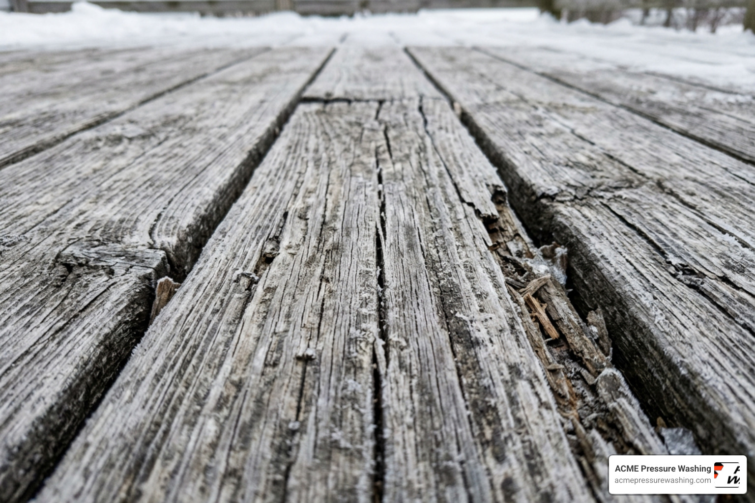 Severe wood deck weathering and cracking caused by New Hampshire winters
