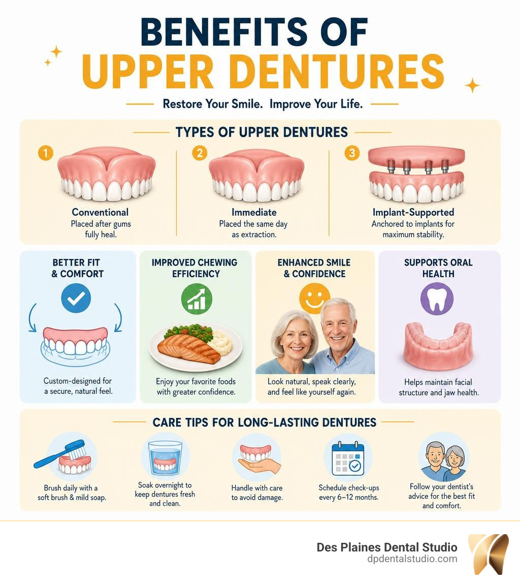 Benefits of upper dentures infographic: types, fit improvement, chewing efficiency, and care tips infographic