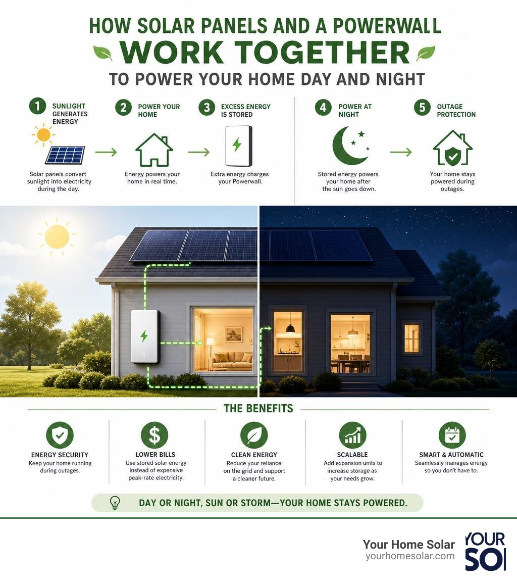 How solar panels and a Powerwall battery work together to power a home through day and night infographic How solar panels and a Powerwall battery work together to power a home through day and night infographic