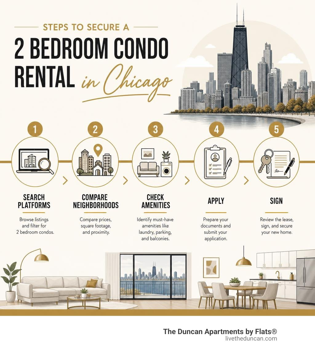 Steps to secure a 2 bedroom condo rental in Chicago: search platforms, compare neighborhoods, check amenities, apply, and Steps to secure a 2 bedroom condo rental in Chicago: search platforms, compare neighborhoods, check amenities, apply, and
