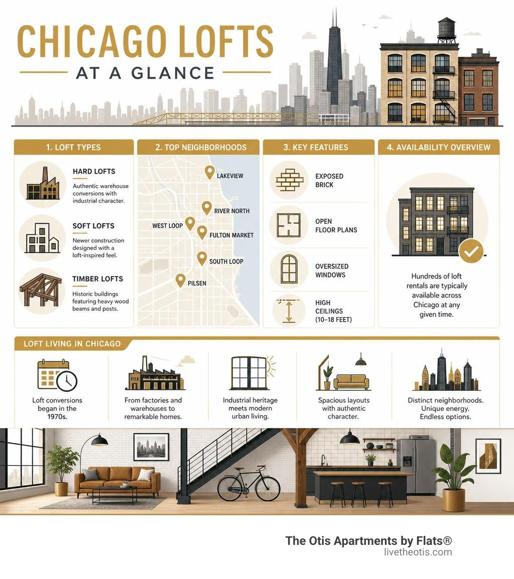 Infographic showing Chicago loft types, top neighborhoods, key features, and availability overview infographic