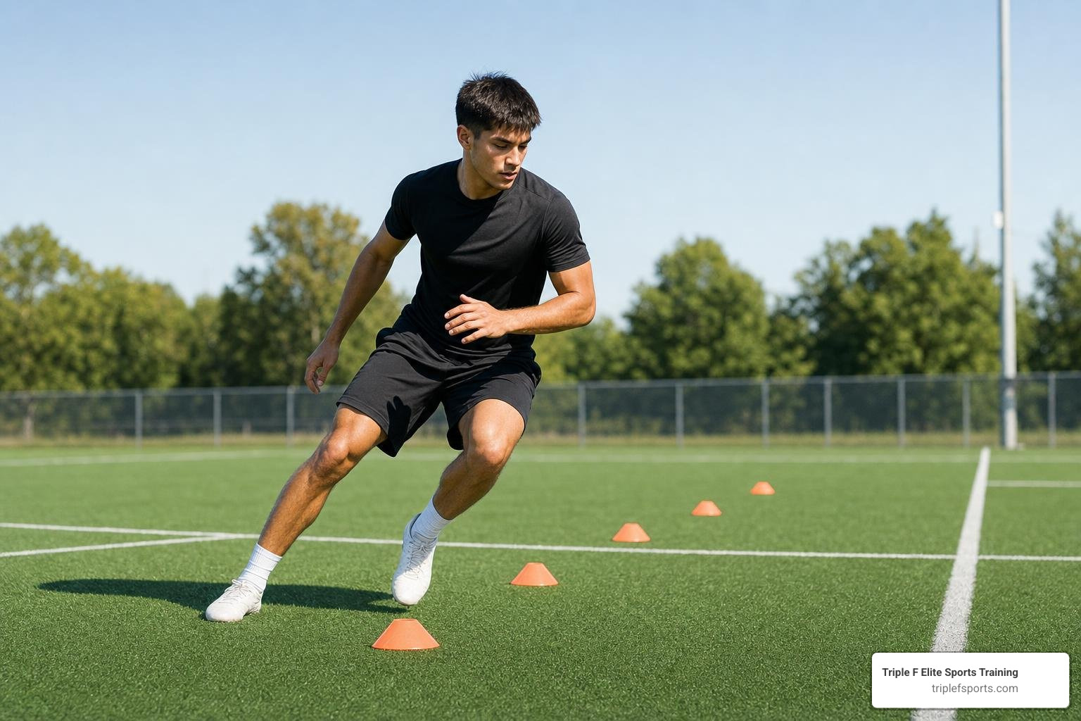 Athlete performing lateral agility drills on the turf Athlete performing lateral agility drills on the turf