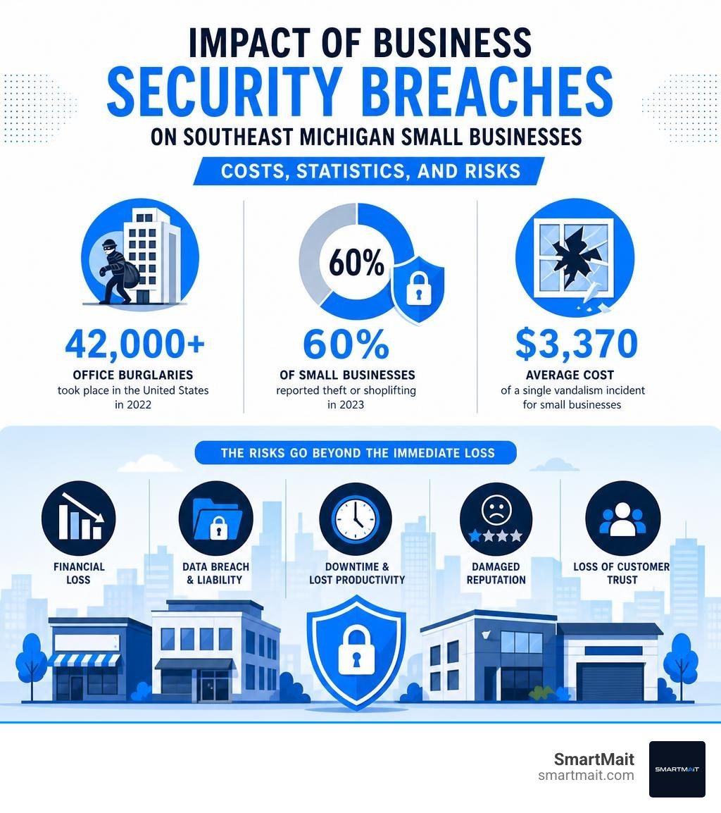 Impact of business security breaches on Southeast Michigan small businesses — costs, statistics, and risks infographic Impact of business security breaches on Southeast Michigan small businesses — costs, statistics, and risks infographic