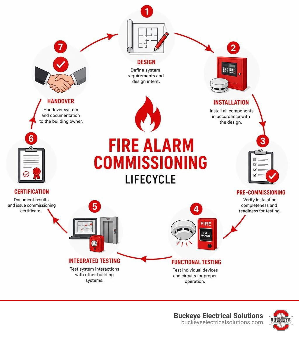 Fire alarm commissioning lifecycle infographic: design, installation, pre-commissioning, functional testing, integrated