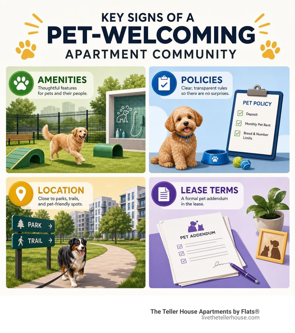 Key signs of a pet-welcoming apartment community: amenities, policies, location, and lease terms infographic