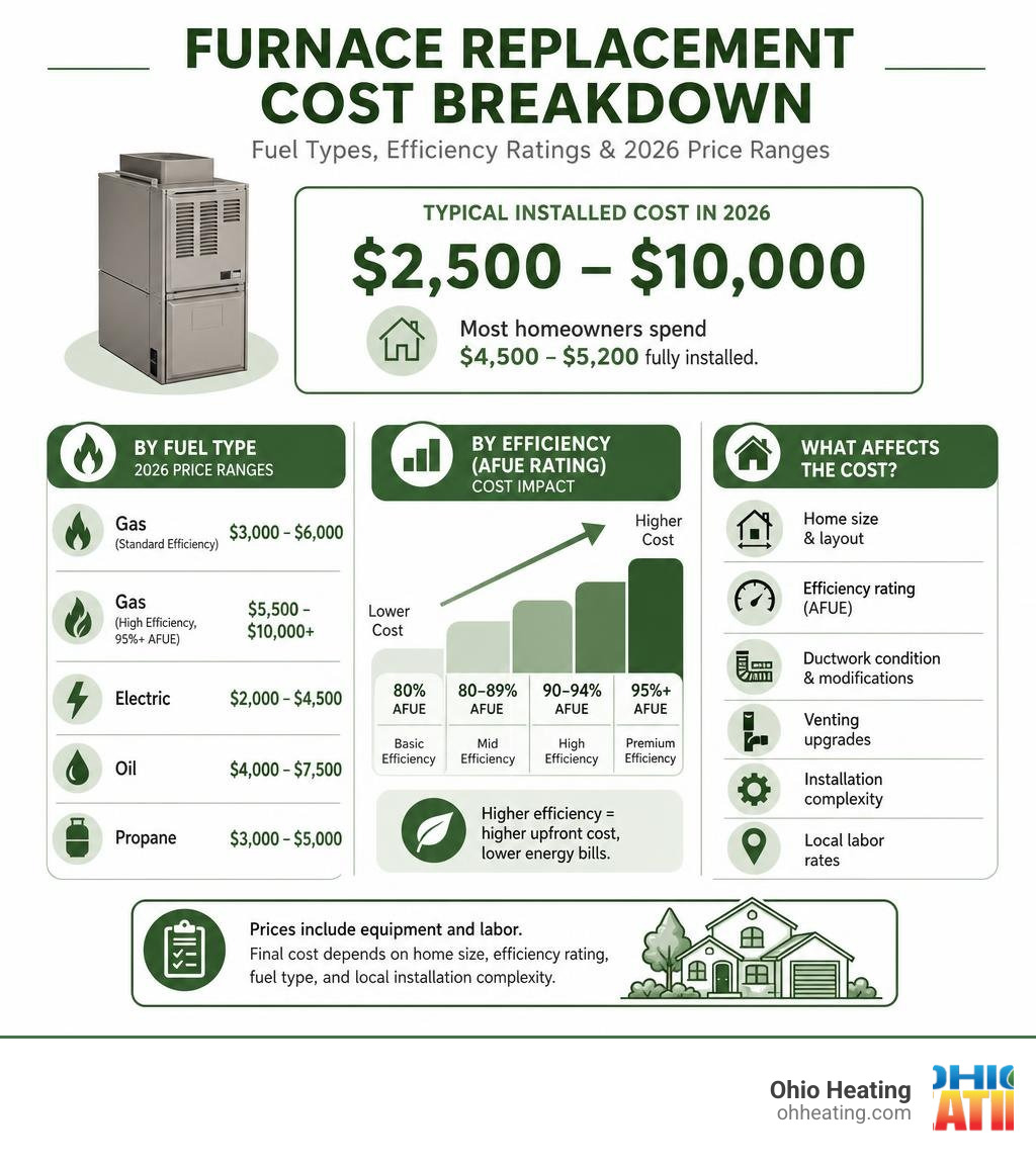 Furnace replacement cost breakdown infographic: fuel types, efficiency ratings, and 2026 price ranges infographic