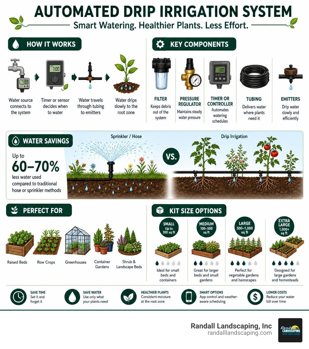How automated drip irrigation systems work, key components, water savings, and kit size options infographic How automated drip irrigation systems work, key components, water savings, and kit size options infographic