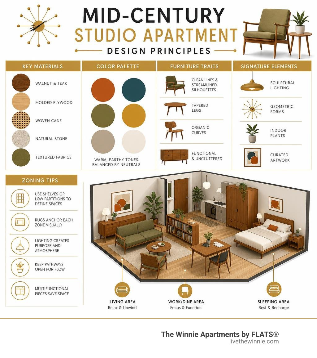 Mid-century studio apartment design principles infographic: key materials, colors, furniture traits, and zoning tips