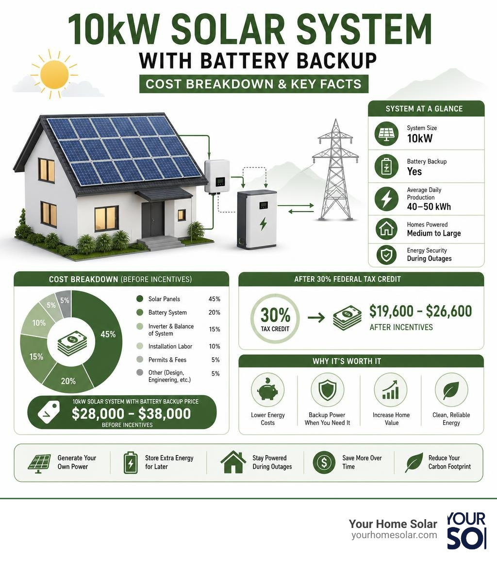 Infographic showing 10kW solar system with battery backup cost breakdown and key facts infographic Infographic showing 10kW solar system with battery backup cost breakdown and key facts infographic