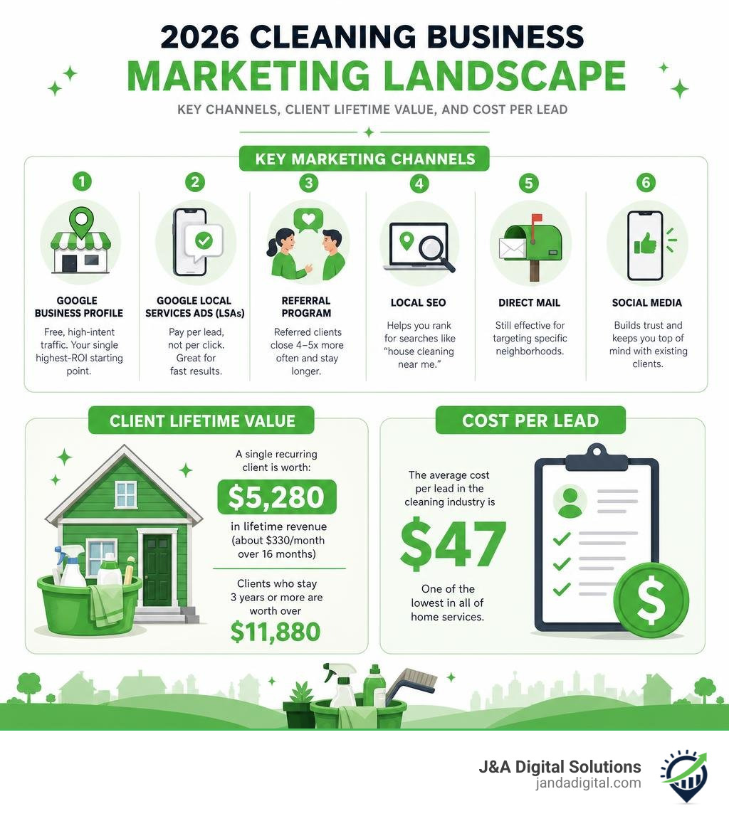 2026 cleaning business marketing landscape: key channels, client lifetime value, and cost per lead infographic 2026 cleaning business marketing landscape: key channels, client lifetime value, and cost per lead infographic